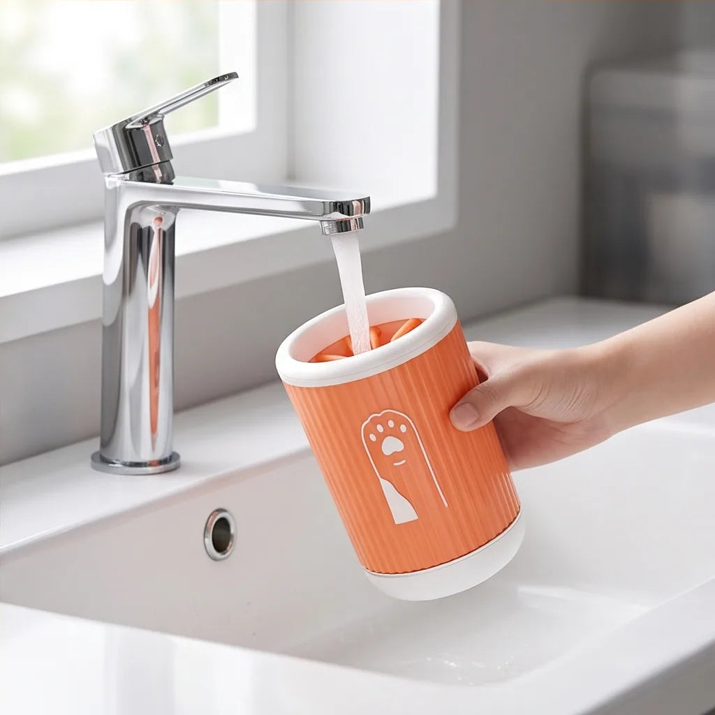 Orange pet paw cleaner under a faucet